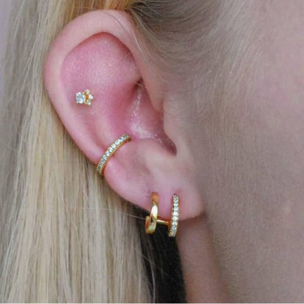 14k Gold Plated CZ Half-Hoop Faux Double Pierced Dainty Hoop Earrings for Women - Picture 3 of 6